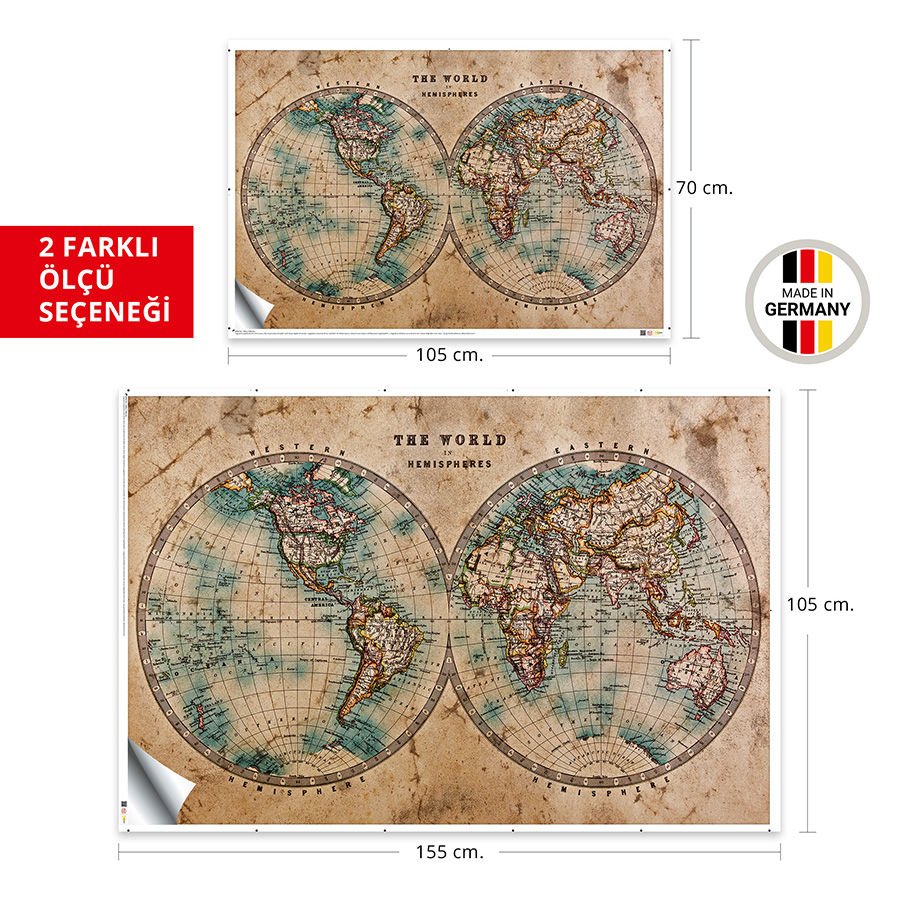 Dünya Yarımküresi Vintage Dekoratif Dünya Haritası Duvar Stickerı 100x150 Cm.