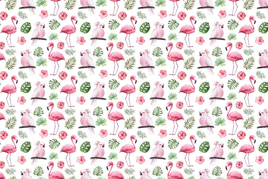 Tropikal Yapraklar Flamingo ve Papağan Desenli Duvar Kağıdı