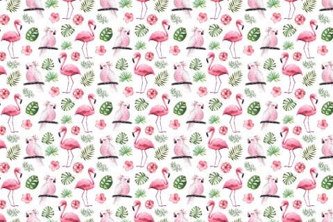 Tropikal Yapraklar Flamingo ve Papağan Desenli Duvar Kağıdı