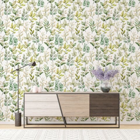 Romantik Yeşil Tonlarda Ağaç Yaprakları Duvar Kağıdı | En:157xBoy:105 cm.