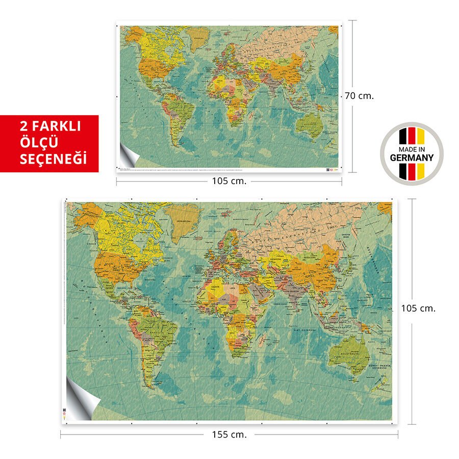 Türkçe Dünya Haritası Eğitim ve Okul Amaçlı Duvar Stickerı 70x105 Cm.
