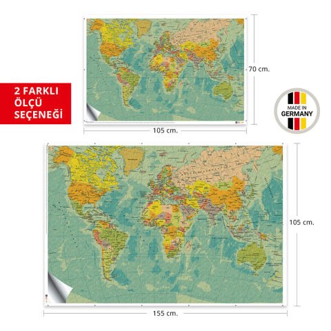 Türkçe Dünya Haritası Eğitim ve Okul Amaçlı Duvar Stickerı 70x105 Cm.