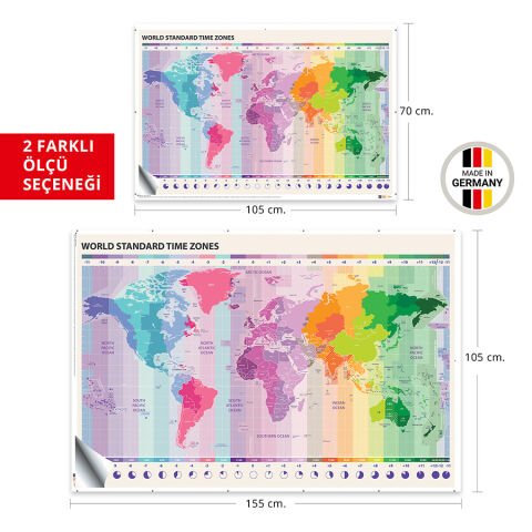Renkli Dünya Saatlerini Gösteren Otel ve Acentalar için Dünya Haritası Duvar Stickerı 100x150 Cm.