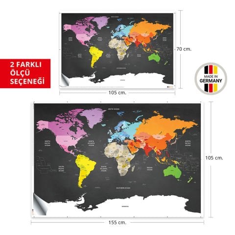 Dünya Haritası Duvar Stickerı Siyah Arkaplan ve Renkli Kıtalar