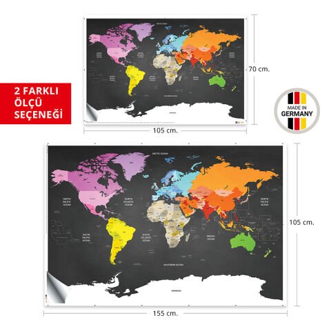 Dünya Haritası Duvar Stickerı Siyah Arkaplan ve Renkli Kıtalar 100x150 Cm.