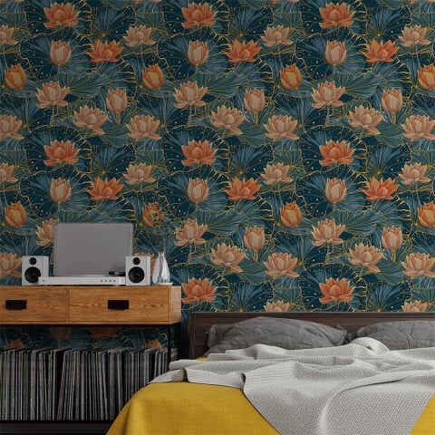 Lotus Çiçeği Duvar Kağıdı, Kendinden Yapışkanlı Çok Amaçlı Birçok Yüzeye Uygun PVC Folyo