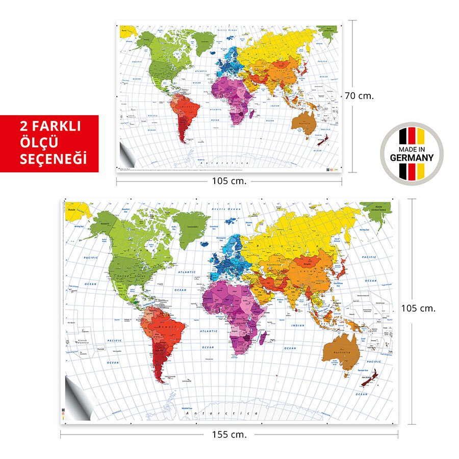 Renkli İngilizce Dünya Haritası Duvar Stickerı 70x105 Cm.