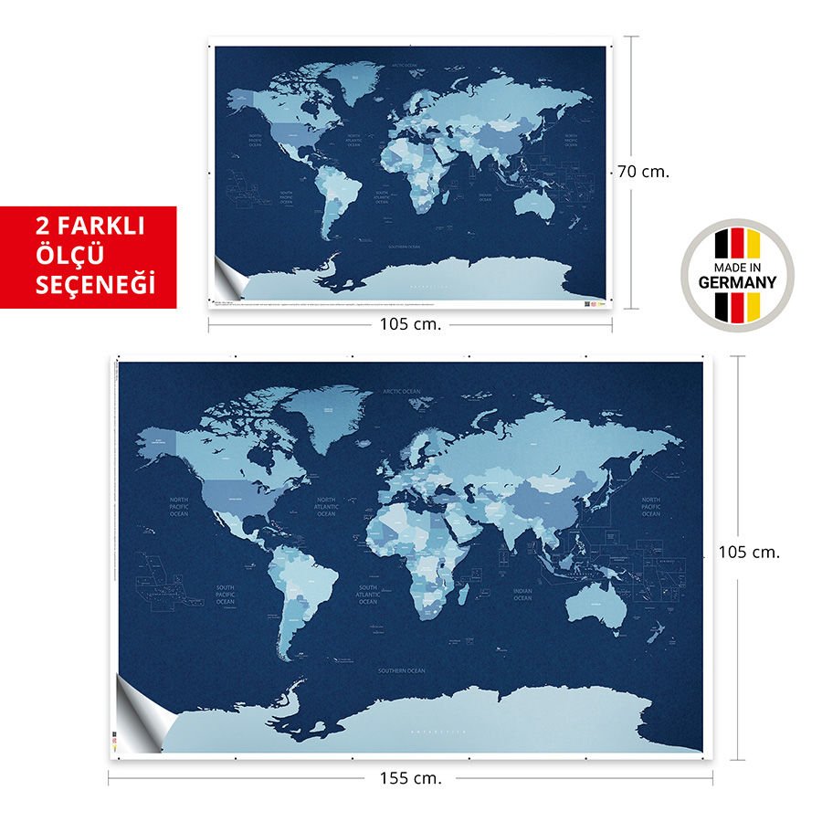 Mavi Soğuk Renk Tonlarında Dünya Haritası Duvar Stickerı 70x105 Cm.