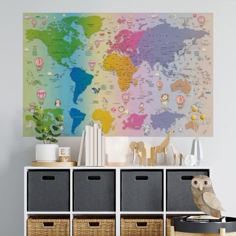Bebek ve Çocuk Odası Dünya Haritası Eğitici Sticker, Sevimli Hayvanlar Kreşler İçin Dünya Haritası 70x105 Cm.