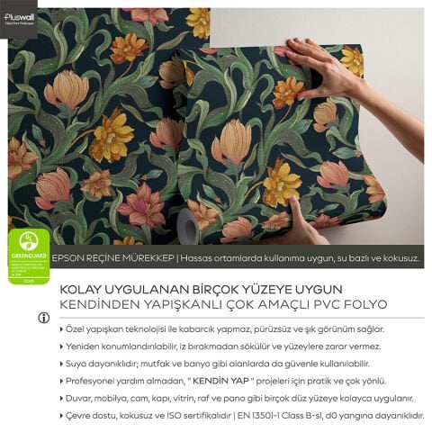 Çiçek Desenli Duvar Kağıdı, Kendinden Yapışkanlı Birçok Yüzeye Uygun Çok Amaçlı PVC Folyo