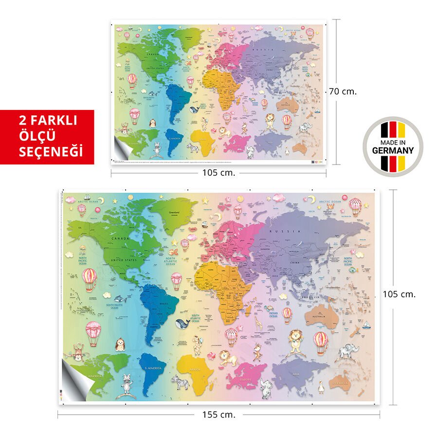 Bebek ve Çocuk Odası Dünya Haritası Eğitici Sticker, Sevimli Hayvanlar Kreşler İçin Dünya Haritası 70x105 Cm.