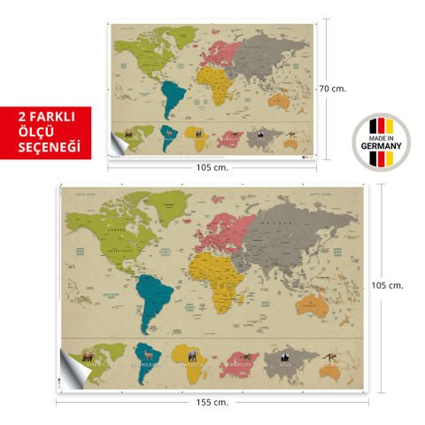 Çocuklar İçin Eğitici Öğretici Kıtalar ve Sevimli Hayvanlar Dünya Haritası Duvar Sticker 100x150 Cm.