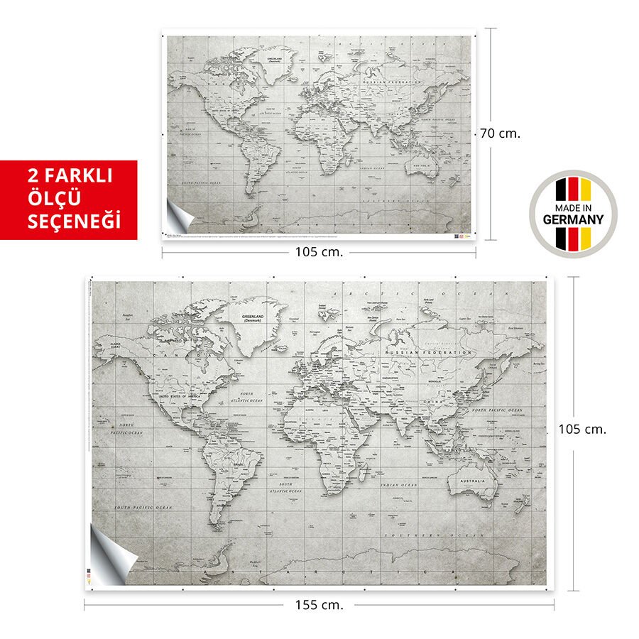 Dünya Haritası Eğitici Öğretici Duvar Sticker, Ofis Dünya Haritası, Gri Renkli Dünya Haritası 100x150 Cm.