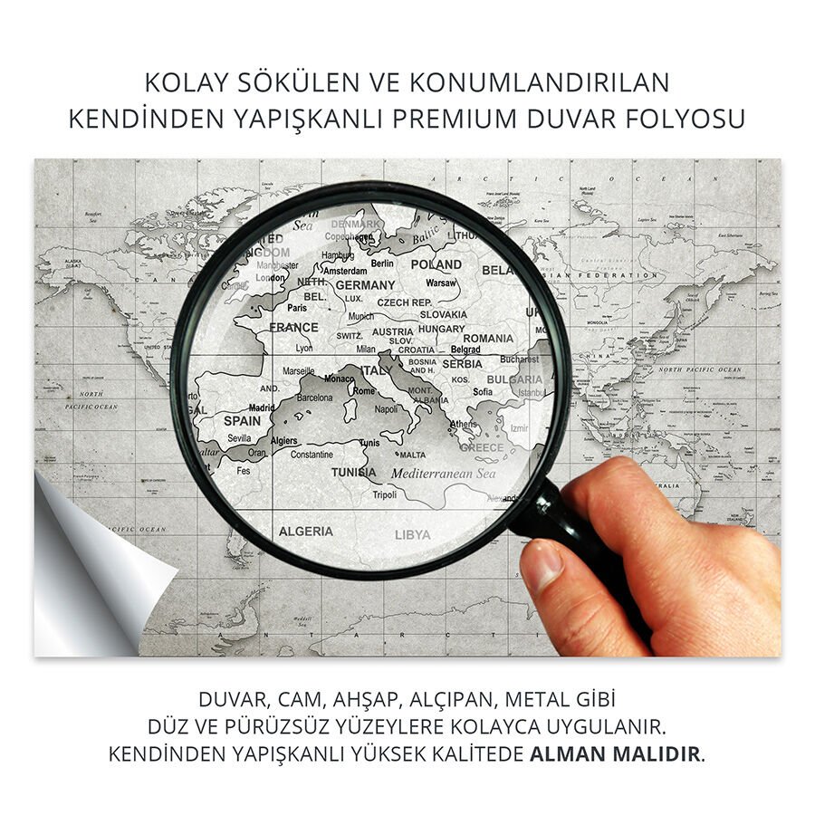 Dünya Haritası Eğitici Öğretici Duvar Sticker, Ofis Dünya Haritası, Gri Renkli Dünya Haritası 70x105 Cm.