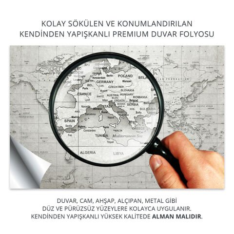 Dünya Haritası Eğitici Öğretici Duvar Sticker, Ofis Dünya Haritası, Gri Renkli Dünya Haritası 70x105 Cm.
