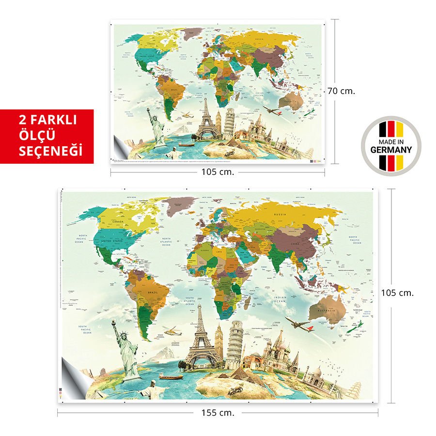 Dünya Haritası Eğitici Öğretici Duvar Sticker, Fiziki Dünya Haritası, Kreş için Dünya Haritası 100x150 Cm.