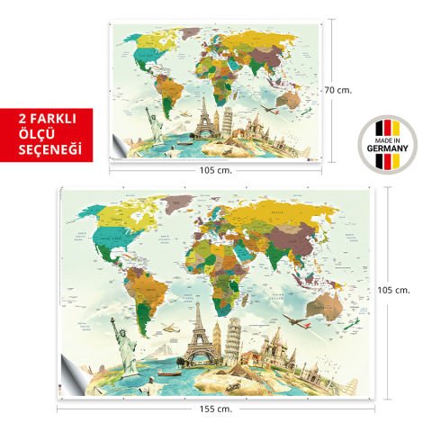 Dünya Haritası Eğitici Öğretici Duvar Sticker, Fiziki Dünya Haritası, Kreş için Dünya Haritası 100x150 Cm.