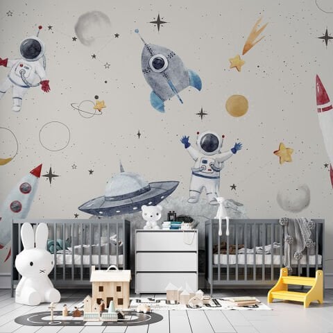 Uzay Temalı Astronot Uzay Gemisi ve Gezegenli Çocuk Odası Duvar Kağıdı