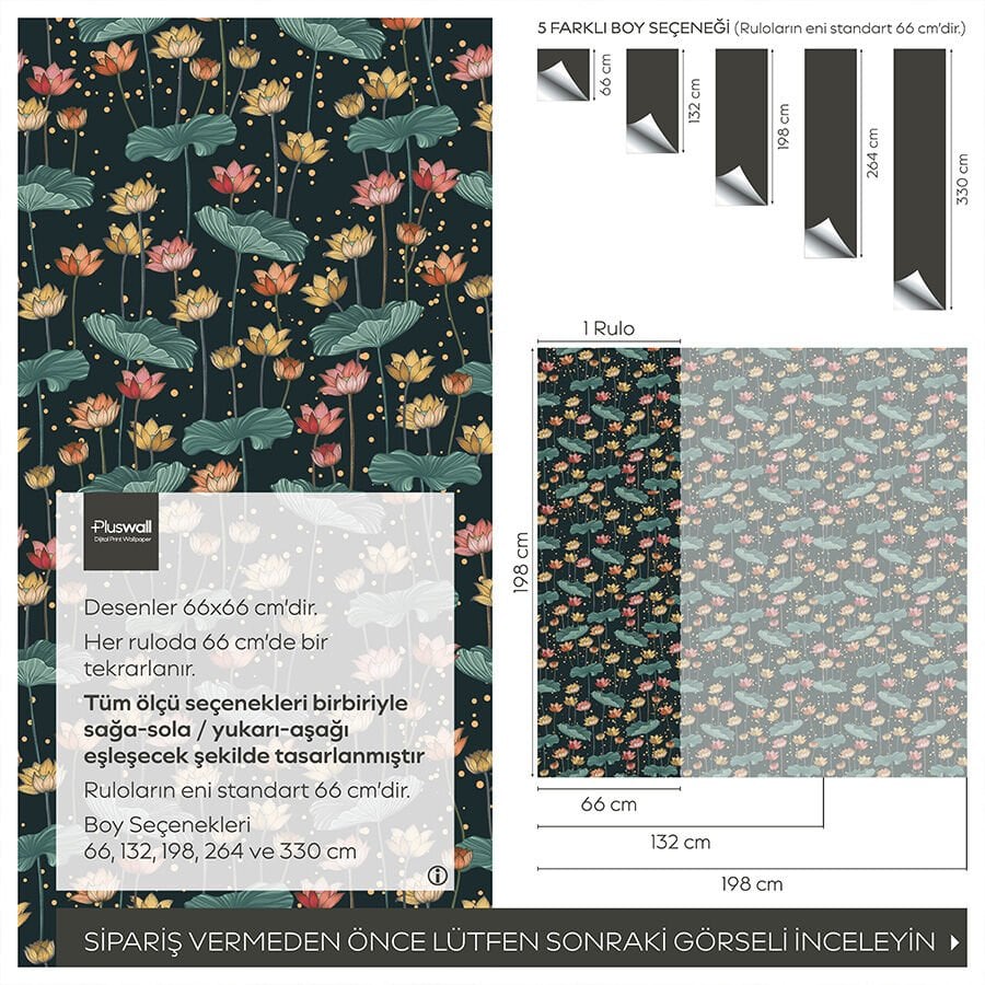 Lotus Çiçek Desenli Duvar Kağıdı, Kendinden Yapışkanlı Çok Amaçlı PVC Folyo, Kendin Yap Duvar Kağıdı