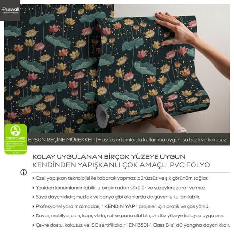 Lotus Çiçek Desenli Duvar Kağıdı, Kendinden Yapışkanlı Çok Amaçlı PVC Folyo, Kendin Yap Duvar Kağıdı