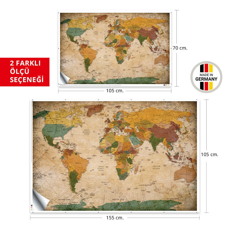 Dünya Haritası Eğitici Öğretici Duvar Sticker, Okul için Dünya Haritası, Ofis Dünya Haritası 70x105 Cm.
