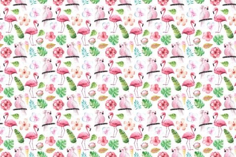 Tropikal Yapraklar Flamingo ve Papağan Desenli Duvar Kağıdı