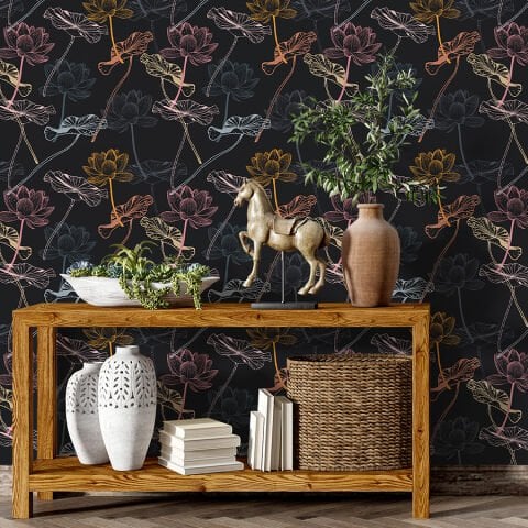 Koyu Lotus Çiçekleri Duvar Kağıdı, Kendinden Yapışkanlı Çok Amaçlı PVC Folyo, DIY Duvar Kağıdı