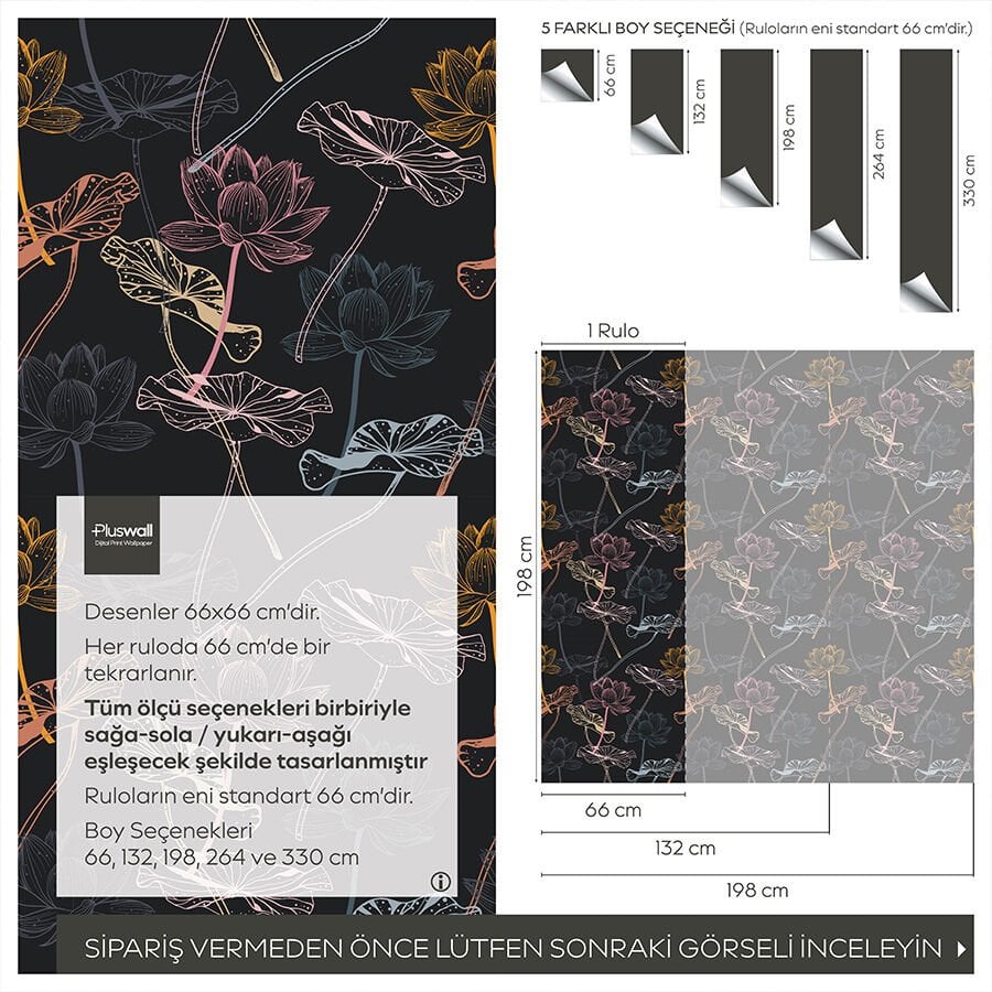 Koyu Lotus Çiçekleri Duvar Kağıdı, Kendinden Yapışkanlı Çok Amaçlı PVC Folyo, DIY Duvar Kağıdı