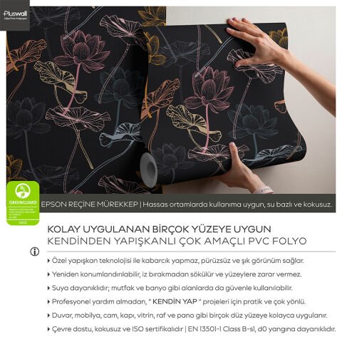 Koyu Lotus Çiçekleri Duvar Kağıdı, Kendinden Yapışkanlı Çok Amaçlı PVC Folyo, DIY Duvar Kağıdı