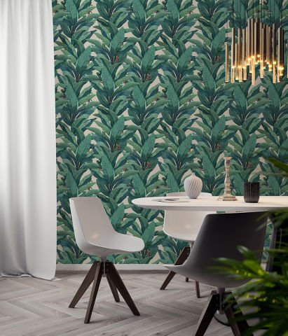 Yeşil Yaprak Desenli Salon Duvar Kağıdı