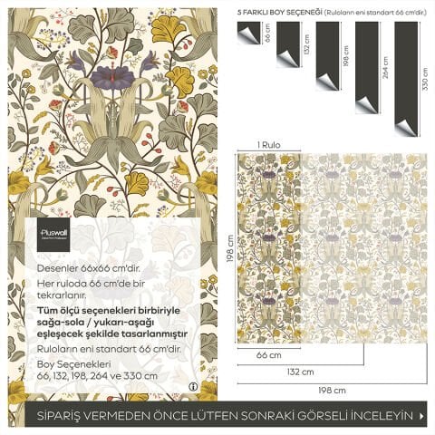 William Morris Sanatsal Çiçek Desenli Duvar Kağıdı, Kendinden Yapışkanlı Çok Amaçlı PVC Folyo
