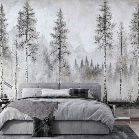 Minimalist Huş Ağacı Ormanı Duvar Kağıdı, Siyah Beyaz Doğa Sanatı Duvar Kağıdı