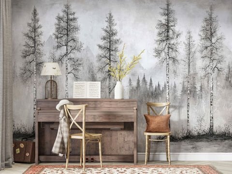 Minimalist Huş Ağacı Ormanı Duvar Kağıdı, Siyah Beyaz Doğa Sanatı Duvar Kağıdı