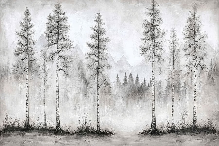 Minimalist Huş Ağacı Ormanı Duvar Kağıdı, Siyah Beyaz Doğa Sanatı Duvar Kağıdı