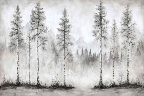 Minimalist Huş Ağacı Ormanı Duvar Kağıdı, Siyah Beyaz Doğa Sanatı Duvar Kağıdı