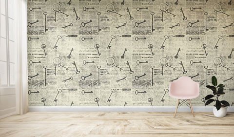 Vintage Anahtarlar ve Gazete Duvar Kağıdı Dokulu Non-Woven 399,00₺/m2
