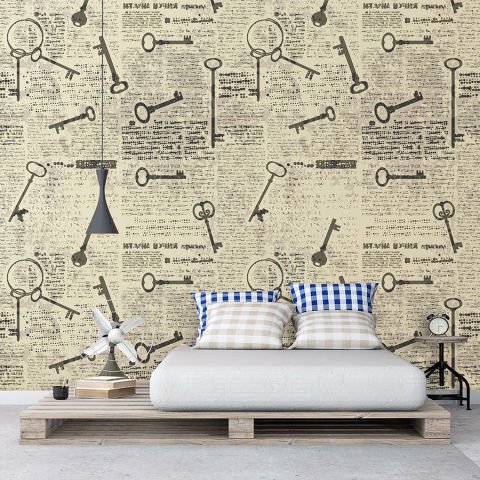 Vintage Anahtarlar ve Gazete Duvar Kağıdı Dokulu Non-Woven 399,00₺/m2