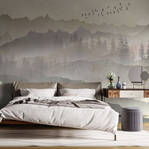 Sisli Dağ Duvar Kağıdı, Nötr Manzara Duvar Resmi, Suluboya Orman Tasarımı