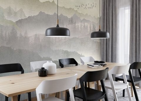 Sisli Dağ Duvar Kağıdı, Nötr Manzara Duvar Resmi, Suluboya Orman Tasarımı