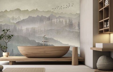 Sisli Dağ Duvar Kağıdı, Nötr Manzara Duvar Resmi, Suluboya Orman Tasarımı