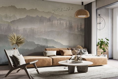 Sisli Dağ Duvar Kağıdı, Nötr Manzara Duvar Resmi, Suluboya Orman Tasarımı