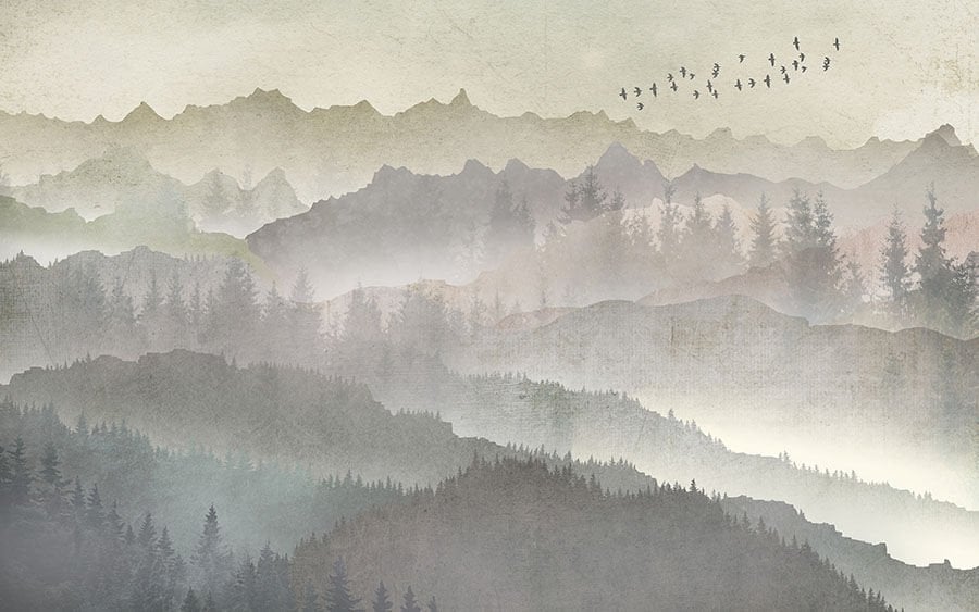 Sisli Dağ Duvar Kağıdı, Nötr Manzara Duvar Resmi, Suluboya Orman Tasarımı