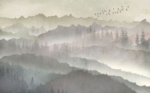 Sisli Dağ Duvar Kağıdı, Nötr Manzara Duvar Resmi, Suluboya Orman Tasarımı