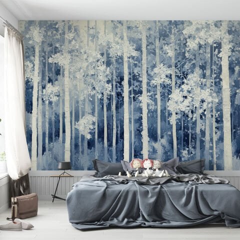 Mavi Soyut Huş Ormanı Duvar Kağıdı, Modern Doğa Duvar Resmi