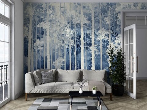 Mavi Soyut Huş Ormanı Duvar Kağıdı, Modern Doğa Duvar Resmi