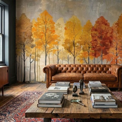İskandinav Tarzı Sonbahar Ormanı Duvar Kağıdı, Suluboya Ağaç Duvar Resmi