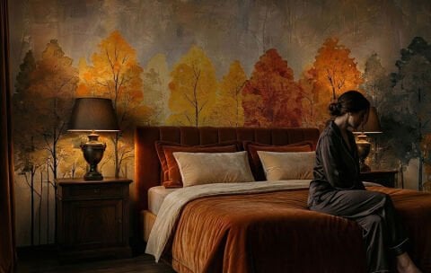 İskandinav Tarzı Sonbahar Ormanı Duvar Kağıdı, Suluboya Ağaç Duvar Resmi