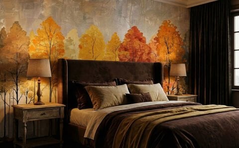 İskandinav Tarzı Sonbahar Ormanı Duvar Kağıdı, Suluboya Ağaç Duvar Resmi