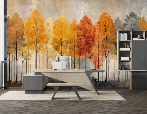 İskandinav Tarzı Sonbahar Ormanı Duvar Kağıdı, Suluboya Ağaç Duvar Resmi