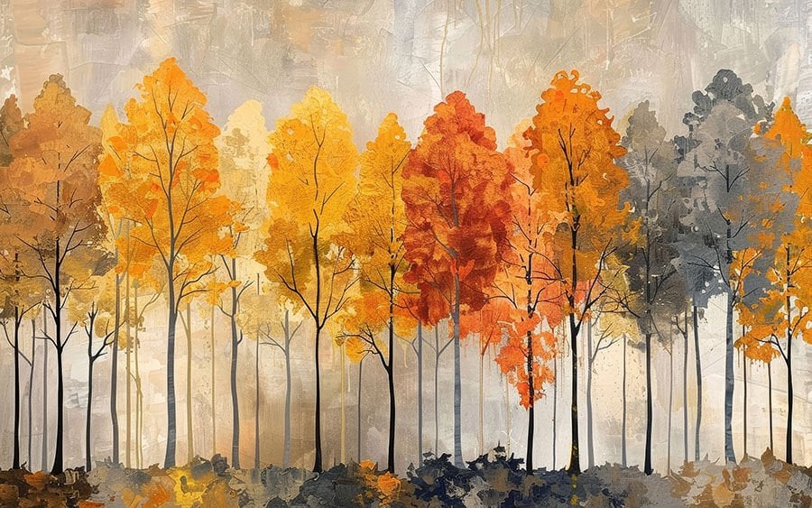 İskandinav Tarzı Sonbahar Ormanı Duvar Kağıdı, Suluboya Ağaç Duvar Resmi